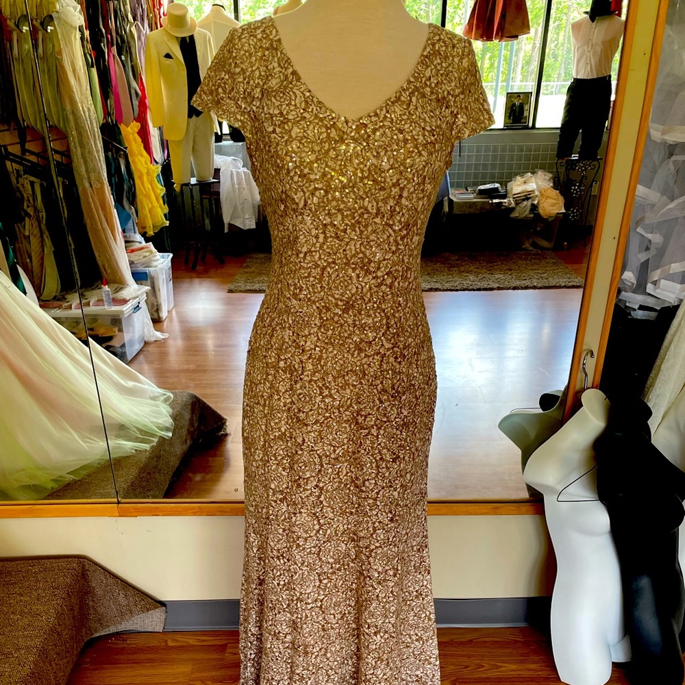 Long formal by Alex Evening Wear size 6 White & Tan with Tanish sequins sparkle